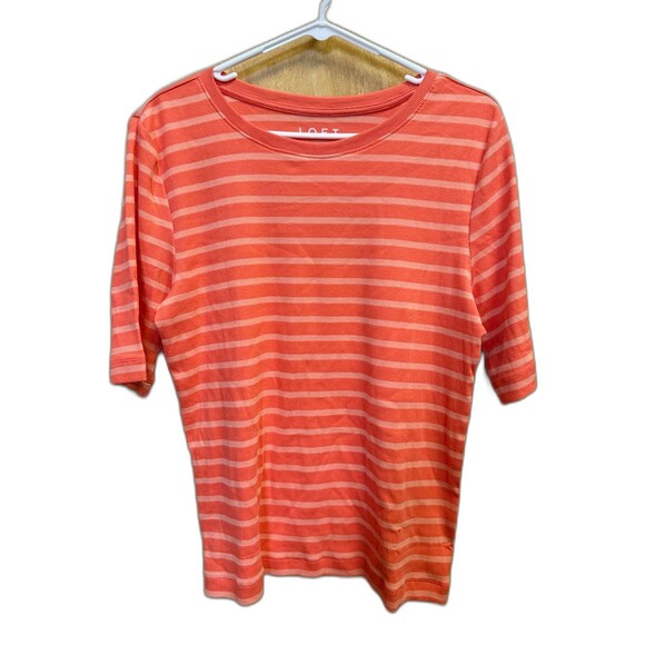 LOFT Tops - LOFT Coral Pink Striped Short Sleeve Knit Top Women’s Size XL